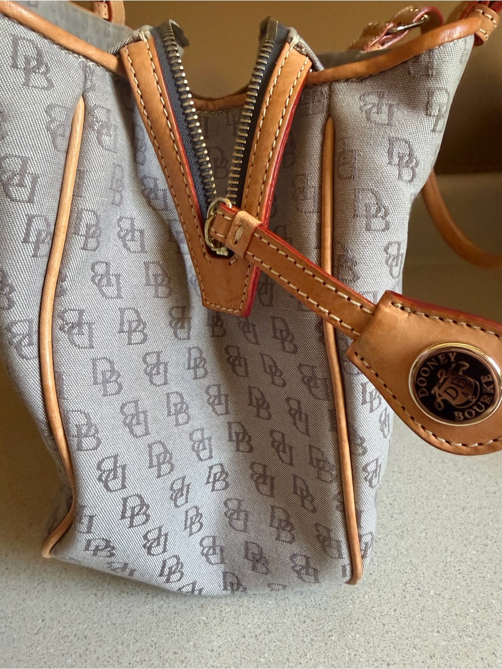 Vintage Dooney & Bourke Gray Logo Canvas Shoulder Bag with Tan Trim
